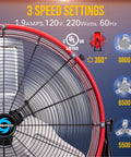 Beefy 24 Inch High Velocity Drum Fan With 8800 CFM showing 3 speed settings and UL listed certification details