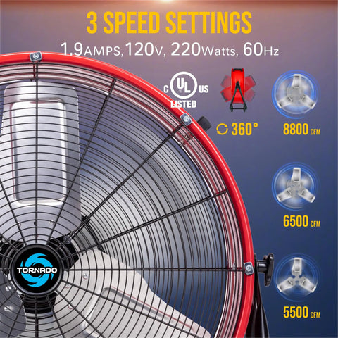 Beefy 24 Inch High Velocity Drum Fan With 8800 CFM showing 3 speed settings and UL listed certification details