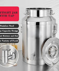 Heavy Duty 64 Liter Stainless Steel Storage Bucket With Rock Solid Airtight Lid And Snap Lock Latches, designed with a tap for easy dispensing.