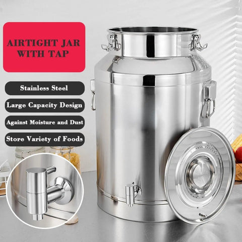 Heavy Duty 64 Liter Stainless Steel Storage Bucket With Rock Solid Airtight Lid And Snap Lock Latches, designed with a tap for easy dispensing.