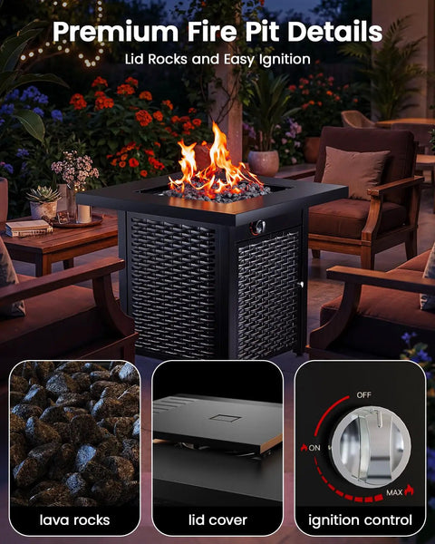 28 Inch Propane Fire Pit Table With 50,000 BTU Heat For Backyard Parties On Patio Deck Garden CSA Listed Outdoor Fire Pit With Lid And Lava Rock Steel Gas Pit For Epic Backyard Hangouts In Black