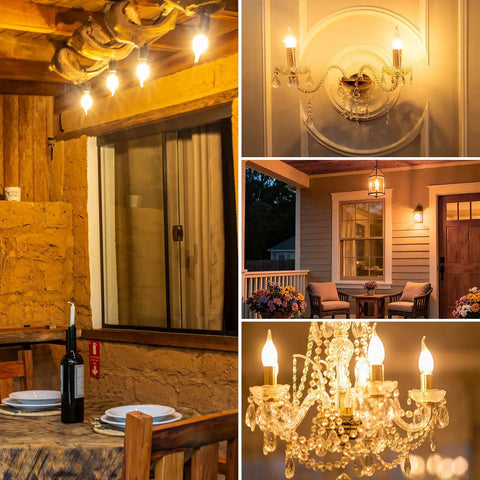 Candelabra LED Filament Bulbs Dimmable 60W Equivalent for chandelier lighting in dining room, porch, and wall sconces.