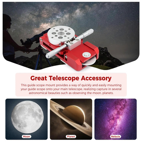 Deluxe Guide Scope Mount for Main Telescope with 6 Point Lock, 15kg Capacity, Dual Device Compatible shown with celestial images