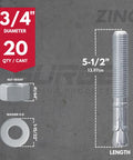 Image showing Heavy-Duty Three Quarter Inch Wedge Anchors For Concrete And Cement, Zinc-Plated, dimensions and components, Box Of Twenty.