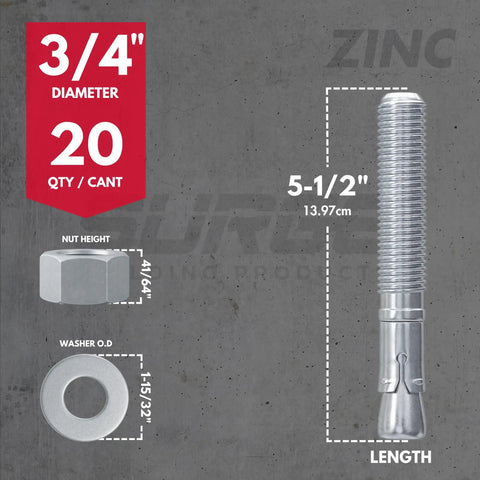 Image showing Heavy-Duty Three Quarter Inch Wedge Anchors For Concrete And Cement, Zinc-Plated, dimensions and components, Box Of Twenty.
