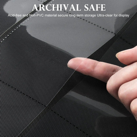 Close-up of finger touching the clear display pocket of Premium PU Leather Top Loader Binder That Holds Up To 324 Cards With 18 Double Sided Pages And 9 Pockets Per Page Side Loading Ringless Card Album For 3 By 4 Inch Rigid Toploaders Ideal For Card Shows And Trades Black