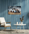 Old Blue Truck Wall Art Canvas Print Vintage Car Rustic Pickup Farmhouse Decor For Kitchen And Country Living Walls 12x18 Inch Classic Old Truck Painting For Cozy Farmhouse Charm displayed on blue wall.