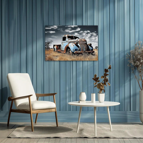 Old Blue Truck Wall Art Canvas Print Vintage Car Rustic Pickup Farmhouse Decor For Kitchen And Country Living Walls 12x18 Inch Classic Old Truck Painting For Cozy Farmhouse Charm displayed on blue wall.