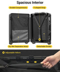 LEVEL8 20-inch zipperless carry-on suitcase, black aluminum-frame shell; interior shows divided compartments and Y-strap