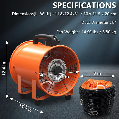 8 Inch Utility Blower Fan Industrial Portable Exhaust with 900 CFM Airflow and 16.4 Ft Duct Hose, dimensions shown for job site use