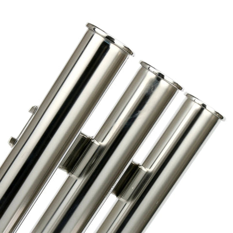 Close-up of 316 Stainless Steel Triple Tube Fishing Rod Rack, Wall Or Side Mount Rod Holder Bracket, polished tubes against white