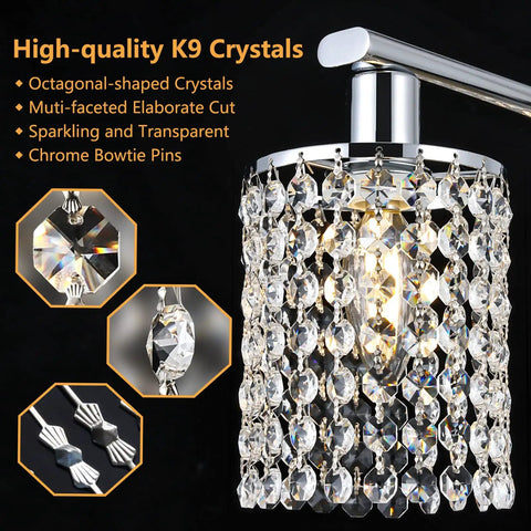 Close-up of Dope Four Light Crystal Island Pendant For Kitchen And Dining Room Chrome Frame With K9 Crystals, octagonal design
