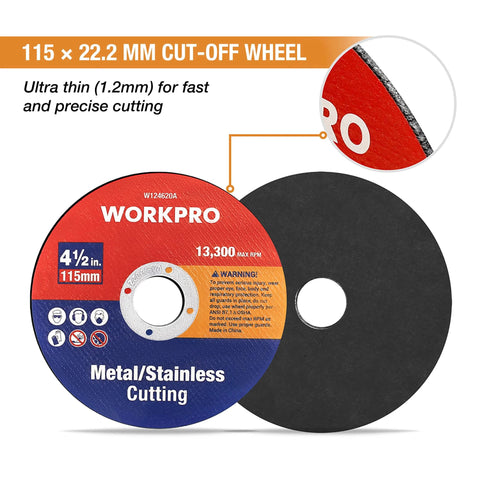WORKPRO metal/stainless cut-off wheel, 115mm (4-1/2 in), ultra-thin 1.2mm; two wheels shown