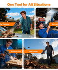 Man using cordless brushless leaf blower with 900G blowing power turbo jet beast mode 480W motor in different scenarios