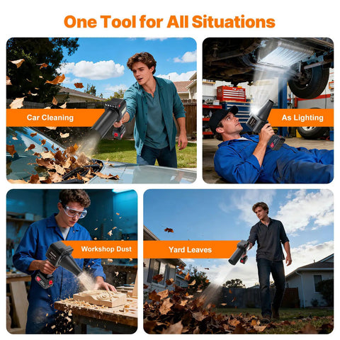 Man using cordless brushless leaf blower with 900G blowing power turbo jet beast mode 480W motor in different scenarios