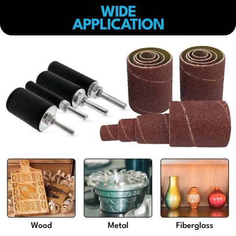 16 Piece Sanding Drum And Sleeve Set For Drill, Drill Press And Die Grinder Spindle Sander Attachment displayed with wood, metal, fiberglass examples