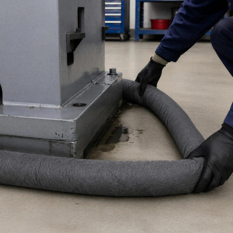 Heavy Duty Universal Absorbent Socks 12 Plus Pack Spill Containment Tubes Industrial Grade Oil Hydraulic Chemical Absorbers Pro Shop Garage Worksite Cleanup Gray being laid around equipment to contain a spill.