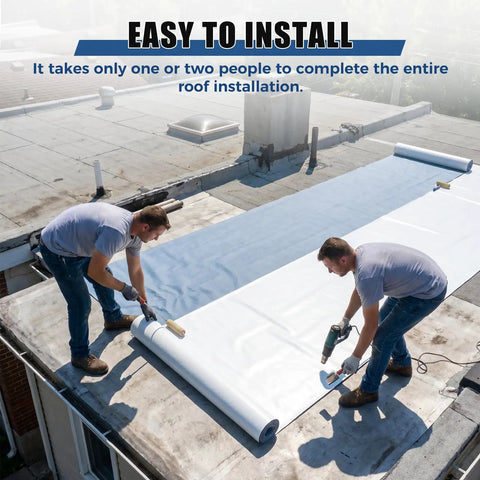 Two men installing Self Adhesive Waterproof Roofing Roll, 39X32 Feet Synthetic Rubber Membrane on a flat roof.