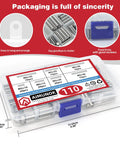 110 Piece Dowel Pins Shelf Support Peg Kit Stainless Steel Unthreaded Pins M5 Size Range 10 15 20 25 30 35 40mm For Cabinets And Shelves Heavy Duty Anti Rust Durable Fastener Elements packaging box dimensions visible.