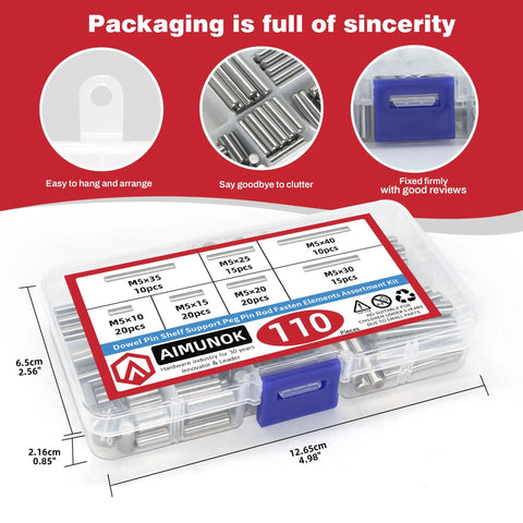 110 Piece Dowel Pins Shelf Support Peg Kit Stainless Steel Unthreaded Pins M5 Size Range 10 15 20 25 30 35 40mm For Cabinets And Shelves Heavy Duty Anti Rust Durable Fastener Elements packaging box dimensions visible.