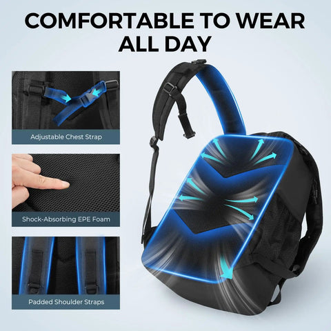 Back view of KarryAll KastMate Fishing Tackle Backpack with adjustable chest strap and padded shoulders for comfort.