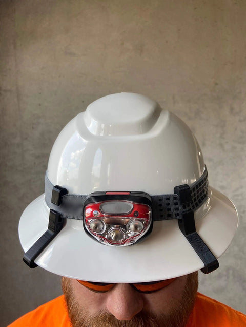 Person wearing white hard hat with Full Brim Hard Hat Clip Set For MSA Style Helmets Rugged Polycarbonate Front And Back Clips.