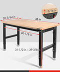 Rugged 48 Inch Adjustable Workbench Built Like A Tank With 2000 Lbs Load Capacity Hardwood Top and measurements displayed.