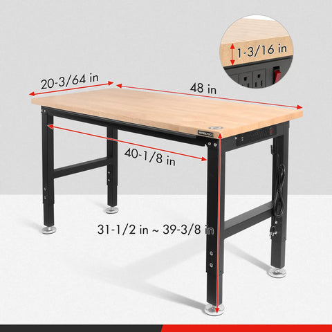 Rugged 48 Inch Adjustable Workbench Built Like A Tank With 2000 Lbs Load Capacity Hardwood Top and measurements displayed.