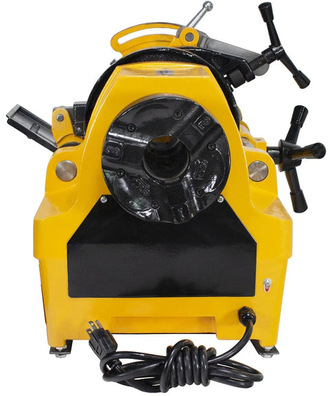 Heavy Duty Workhorse Power Pipe Threader Machine With Self Oiling Die Head Plays Nice With Ridgid Dies Knocks Out One And A Half Inch Threads Quick complete kit with front view showing die head and controls.