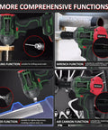 Klanata Cordless Brushless Impact Wrench 20V 1/2-Inch Drive with various functions shown, ideal for heavy duty jobs.