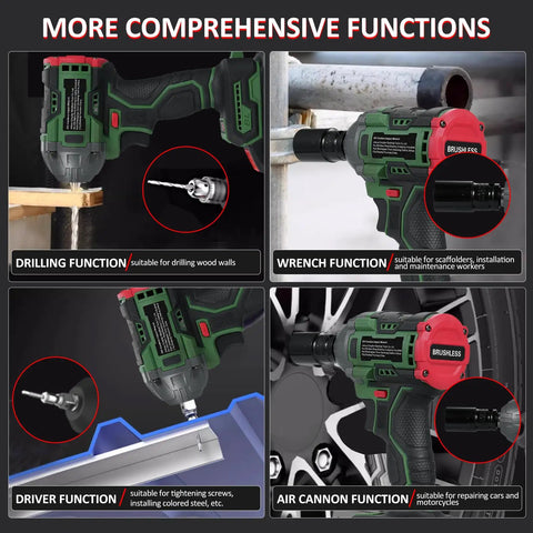 Klanata Cordless Brushless Impact Wrench 20V 1/2-Inch Drive with various functions shown, ideal for heavy duty jobs.
