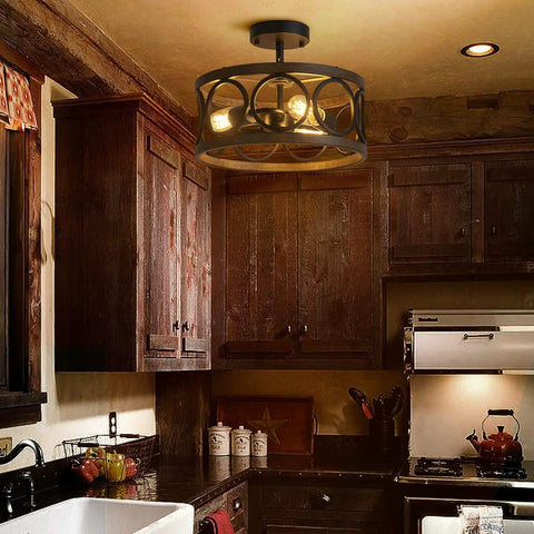 Black Drum Ceiling Light Modern Semi Flush Mount 3-Light Fixture with wood grain finish in rustic kitchen setting.