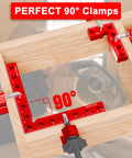 Eight Piece Aluminum Corner Clamps Set For Fine Woodworking Projects Precision Cnc Machined 90 Degree Square Jig Tools For Cabinets Drawers Slick Carry Case Included Badass Grip Accuracy Top Shelf Gear shown with red 90 degree clamp on wood.