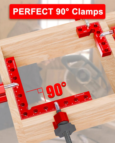 Eight Piece Aluminum Corner Clamps Set For Fine Woodworking Projects Precision Cnc Machined 90 Degree Square Jig Tools For Cabinets Drawers Slick Carry Case Included Badass Grip Accuracy Top Shelf Gear shown with red 90 degree clamp on wood.