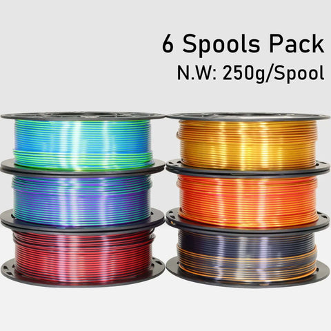 Two Tone Silk PLA Filament Bundle 1.75mm 250g Each Six Spools Coextruded Metallic Silk Finish For 3D Printing Includes Black Red