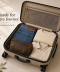 Premium Travel Wash Bag For Men And Women Rock Solid Buffalo Leather Shaving Kit Pouch packed in luggage with clothes.