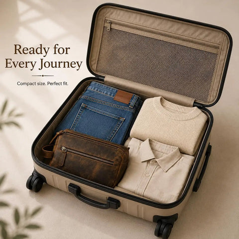 Premium Travel Wash Bag For Men And Women Rock Solid Buffalo Leather Shaving Kit Pouch packed in luggage with clothes.
