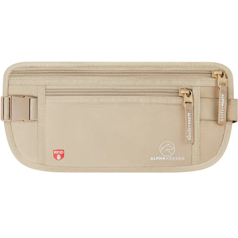 Stealthy Hidden Travel Money Belt With Full RFID Blocking, Slim Waist Wallet Pouch For Passport And Cards in beige front view