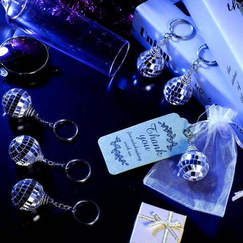 Mini Disco Ball Keychains Set With Organza Bags And Thank You Tags For Graduation Party Favors 36 Piece Bundle displayed on table