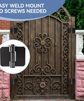 Decorative metal gate with a circular inset showing Beefy Weld On Gate Hinges Heavy Duty Cast Iron 3.2 By 3.7 Inch hinge detail.