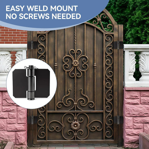 Decorative metal gate with a circular inset showing Beefy Weld On Gate Hinges Heavy Duty Cast Iron 3.2 By 3.7 Inch hinge detail.