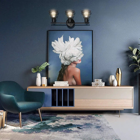 Vintage Industrial 3 Light Bathroom Vanity Fixture In Matte Black With Cage Design Over Mirror For A Retro Farmhouse Vibe Perfect Wall Light For Bedroom Living Room And Cabinet E26 Base above modern cabinet and artwork in living room