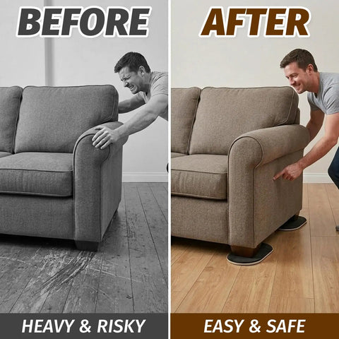 Eight Pack Heavy Duty Furniture Sliders For Carpet And Hardwood Flooring Featuring A Thick Cushioned Buffer That Keeps Your Setup Moving Slick And Silent When Shuffling Heavy Gear, shown under a couch.