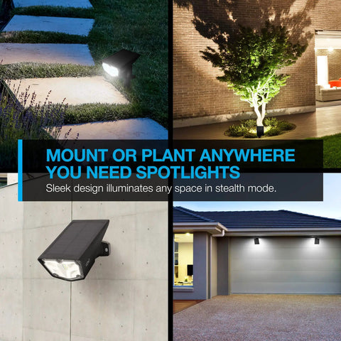 2 Pack Solar Powered Outdoor LED Lights IPX7 Waterproof Landscape Spotlights showcasing yard and driveway lighting options.