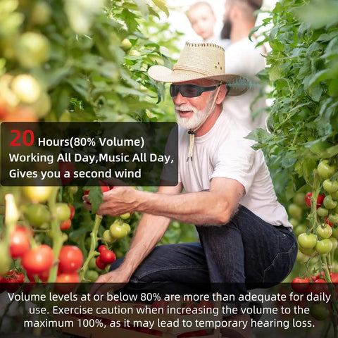 Bluetooth Safety Glasses With Photochromic Lenses And Crisp Clear Audio For The Daily Grind in a garden picking tomatoes.