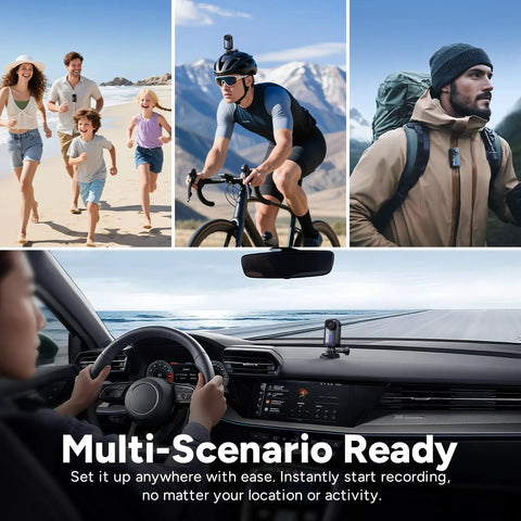 People using a 4K Mini POV Action Camera With 170 Degree Ultra Wide Lens 6 Axis Stabilization Waterproof Wearable Helmet Mount in various activities