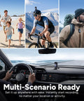 Man cycling with 4K Action Camera Kit With 128GB Card mounted on helmet, capturing diverse activities like driving and hiking.