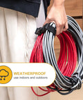 Person holding coiled cables secured with Six Pack 17 Inch Adjustable Extension Cord Holder Organizer With Triangle Clips For Garage Organization And Storage Heavy Duty Cord Hanger For Workshop Black