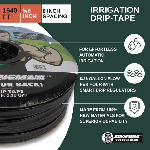 Pro Grade Drip Irrigation Tape Roll 1640 Ft Five Eighths Inch With Smart Regulator shown with product features on label