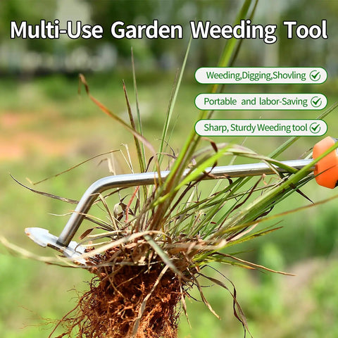 Stainless Steel Weed Puller Tool With Four Teeth Dual Purpose Garden Weeder For Weeding In Tight Spots Heavy Duty Hand Weeder With Rubber Handle 2024 Upgrade For Lawn And Garden Removal removing grass clump